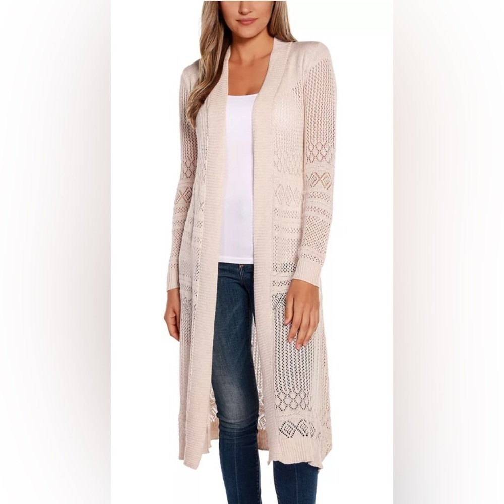 Belldini oatmeal Open-Front pointelle duster Cardigan 1x long sleeve crew neck